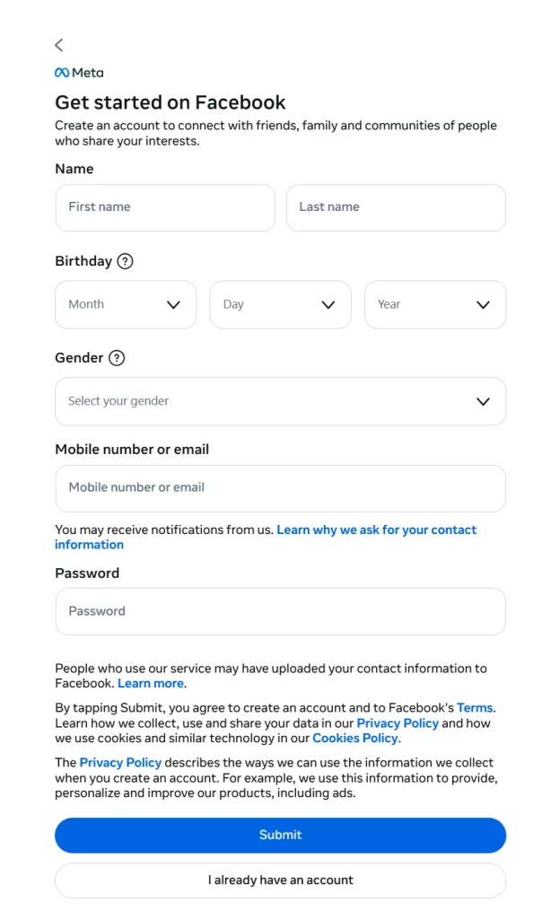Facebook account creation form on the website