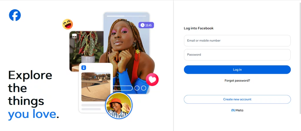 Facebook web application login screen with email and password fields