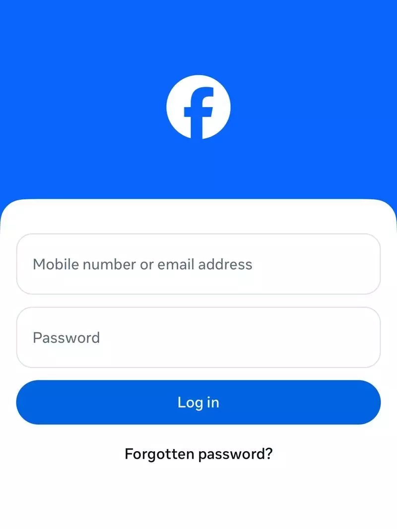 Facebook mobile app login screen with email and password fields