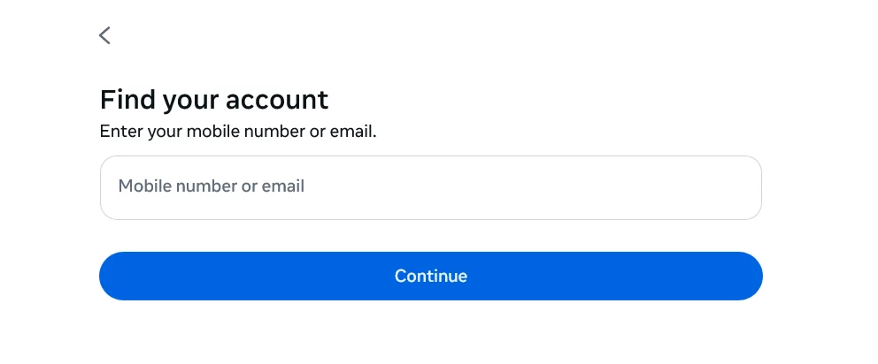 Facebook web app's 'Find your account' screen with field to enter email or mobile number