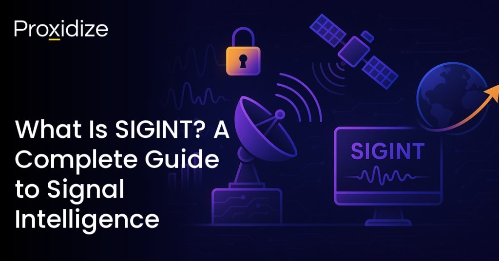 Image showing a desktop surrounded by satellites. Text to the left reads 