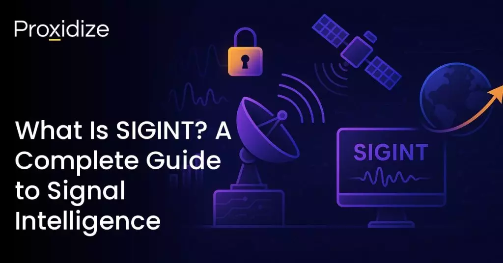 Image showing a desktop surrounded by satellites. Text to the left reads 