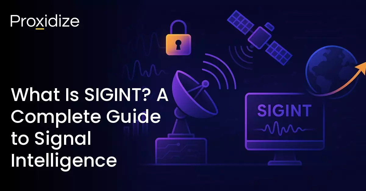 Image showing a desktop surrounded by satellites. Text to the left reads