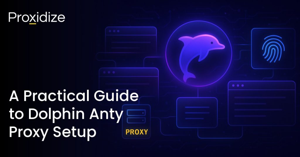 Image showing a dolphin surrounded by computer windows connected to a proxy box. Text on the left reads 