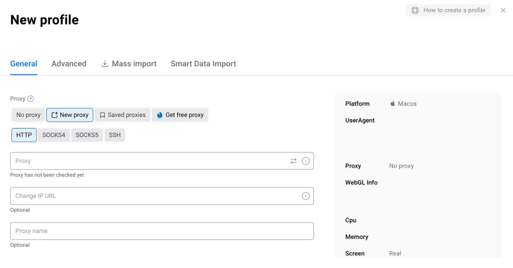 Image showing the Dolphin Anty new profile set up page at the proxy section