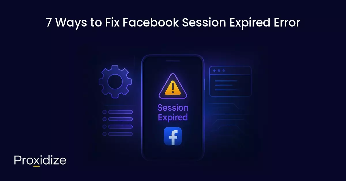 Image showing a mobile with the Facebook logo and Session Expired with a warning sign. Text above reads 