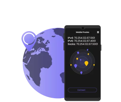 A drawing of the Proxidize Android app on a mobile phone in front of a globe with a location pin in it.